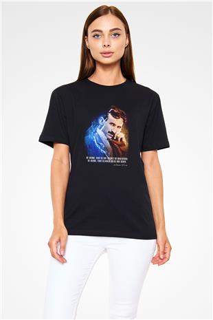 Nikola Tesla Alıntı Baskılı Unisex Siyah Tişört - Tshirt