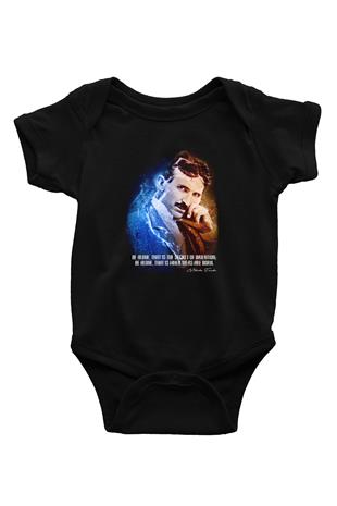 Nikola Tesla Alıntı Baskılı Unisex  Siyah Bebek Body - Zıbın