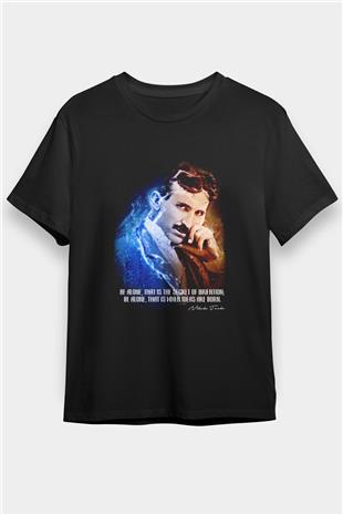 Nikola Tesla Alıntı Baskılı Unisex Siyah Tişört - Tshirt