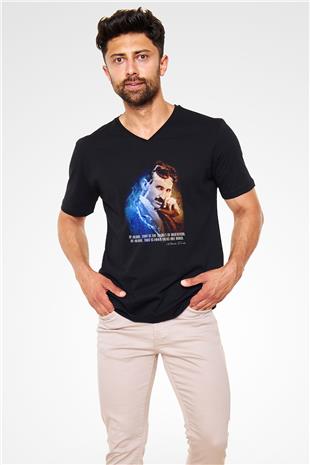 Nikola Tesla Alıntı Baskılı Unisex V Yaka Siyah Tİşört - Tshirt