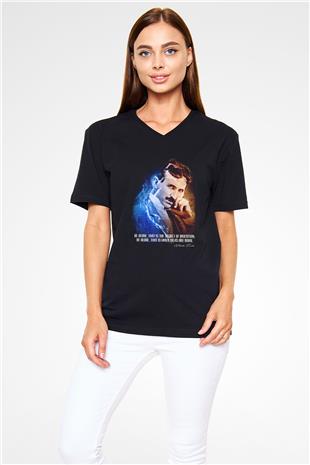Nikola Tesla Alıntı Baskılı Unisex V Yaka Siyah Tİşört - Tshirt