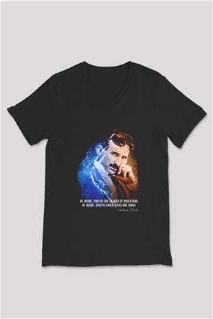 Nikola Tesla Alıntı Baskılı Unisex V Yaka Siyah Tİşört - Tshirt