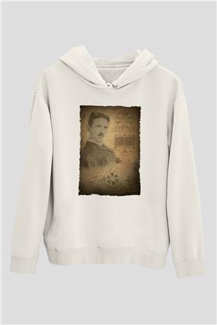 Nikola Tesla Baskılı Unisex Ekru Hoodie