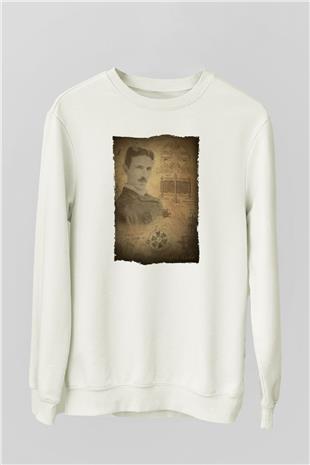 Nikola Tesla Baskılı Unisex Ekru Sweatshirt