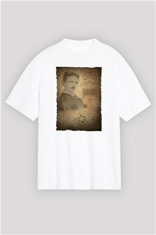 Nikola Tesla Baskılı Unisex Oversize Beyaz Tişört - Tshirt