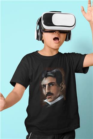 Nikola Tesla Baskılı Unisex Siyah Çocuk Tişörtü - Tshirt