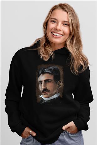 Nikola Tesla Baskılı Unisex Siyah Kapüşonlu Sweatshirt