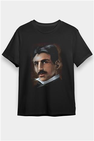 Nikola Tesla Baskılı Unisex Siyah Tişört - Tshirt
