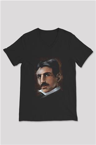 Nikola Tesla Baskılı Unisex V Yaka Siyah Tİşört - Tshirt