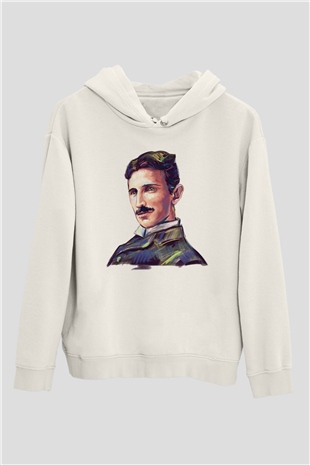 Nikola Tesla Çizim Portre Baskılı Unisex Beyaz Hoodie