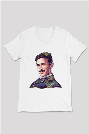 Nikola Tesla Çizim Portre Baskılı Unisex Beyaz V Yaka Tişört