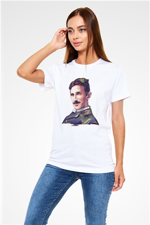 Nikola Tesla Çizim Portre Baskılı Unisex Beyaz Tişört