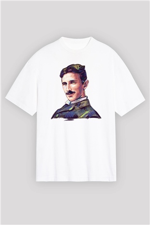 Nikola Tesla Çizim Portre Baskılı Unisex Beyaz Oversize Tişört