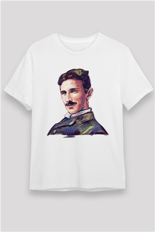 Nikola Tesla Çizim Portre Baskılı Unisex Beyaz Tişört