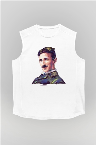 Nikola Tesla Çizim Portre Baskılı Unisex Beyaz Kolsuz Tişört