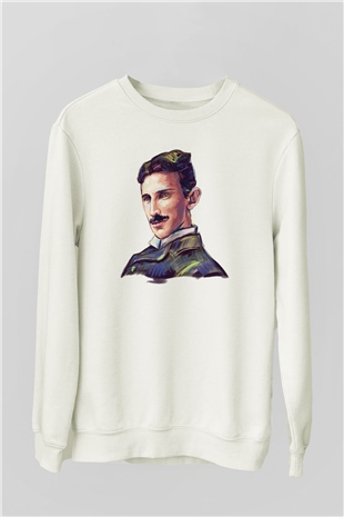 Nikola Tesla Çizim Portre Baskılı Unisex Beyaz Sweatshirt