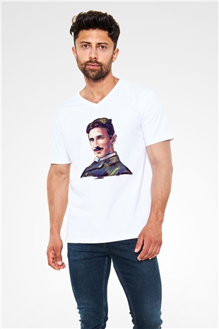 Nikola Tesla Çizim Portre Baskılı Unisex Beyaz V Yaka Tişört
