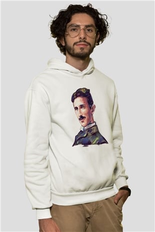Nikola Tesla Çizim Portre Baskılı Unisex Beyaz Hoodie