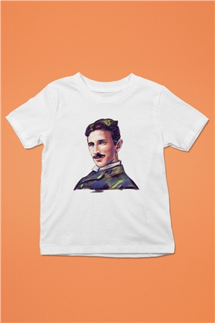 Nikola Tesla Çizim Portre Baskılı Unisex Beyaz Çocuk Tişört
