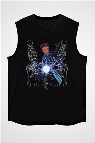 Nikola Tesla Elektrik Çizim Baskılı Unisex Siyah Kolsuz Tişört
