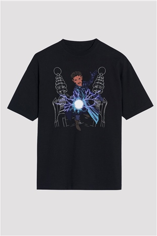 Nikola Tesla Elektrik Çizim Baskılı Unisex Siyah Oversize Tişört