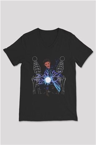 Nikola Tesla Elektrik Çizim Baskılı Unisex Siyah V Yaka Tişört