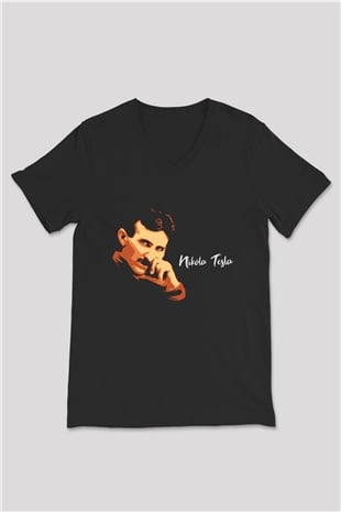 Nikola Tesla Portre Baskılı Unisex Siyah V Yaka Tişört