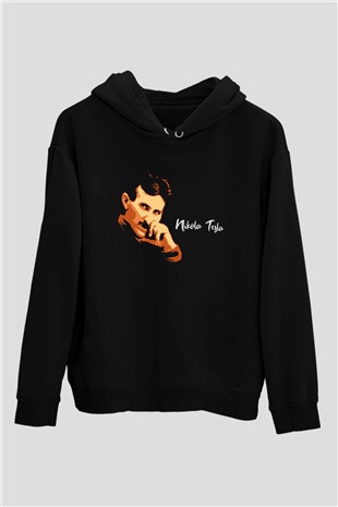 Nikola Tesla Portre Baskılı Unisex Siyah Hoodie