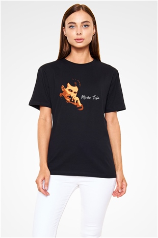 Nikola Tesla Portre Baskılı Unisex Siyah Tişört