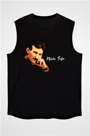 Nikola Tesla Portre Baskılı Unisex Siyah Kolsuz Tişört