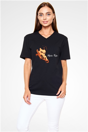 Nikola Tesla Portre Baskılı Unisex Siyah V Yaka Tişört