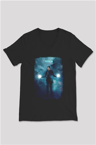 Nikola Tesla Renkli Çizim Baskılı Unisex V Yaka Siyah Tİşört - Tshirt