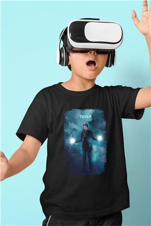 Nikola Tesla Renkli Çizim Baskılı Unisex Siyah Çocuk Tişörtü - Tshirt