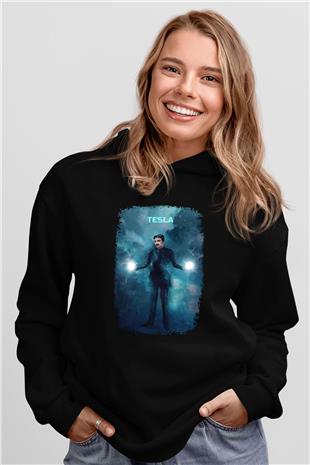 Nikola Tesla Renkli Çizim Baskılı Unisex Siyah Kapüşonlu Sweatshirt