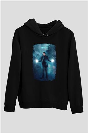 Nikola Tesla Renkli Çizim Baskılı Unisex Siyah Kapüşonlu Sweatshirt