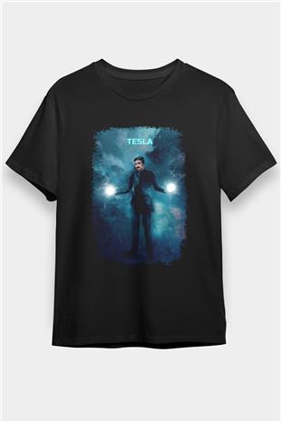 Nikola Tesla Renkli Çizim Baskılı Unisex Siyah Tişört - Tshirt