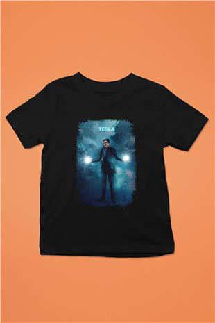Nikola Tesla Renkli Çizim Baskılı Unisex Siyah Çocuk Tişörtü - Tshirt