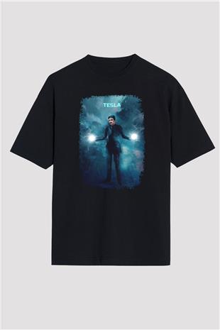Nikola Tesla Renkli Çizim Baskılı Unisex Oversize Tişört - Tshirt