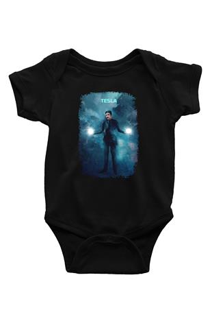 Nikola Tesla Renkli Çizim Baskılı Unisex  Siyah Bebek Body - Zıbın