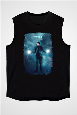Nikola Tesla Renkli Çizim Baskılı Unisex Kolsuz Siyah Tişört - Tshirt