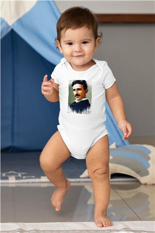 Nikola Tesla Renkli Portre Baskılı Beyaz Bebek Body - Zıbın