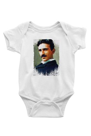 Nikola Tesla Renkli Portre Baskılı Beyaz Bebek Body - Zıbın