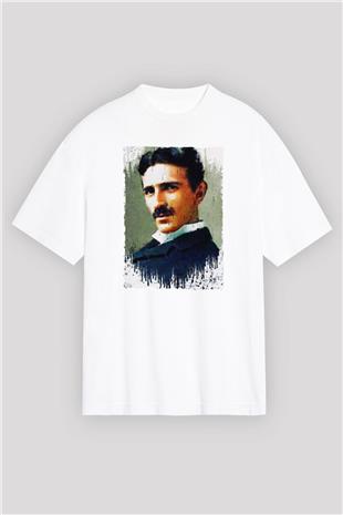 Nikola Tesla Renkli Portre Baskılı Unisex Oversize Beyaz Tişört - Tshirt