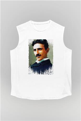 Nikola Tesla Renkli Portre Baskılı Unisex Kolsuz Beyaz Tişört - Tshirt