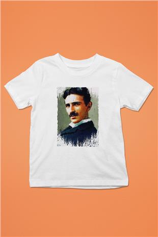 Nikola Tesla Renkli Portre Baskılı Unisex Beyaz Çocuk Tişörtü - Tshirt
