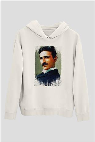 Nikola Tesla Renkli Portre Baskılı Unisex Ekru Hoodie