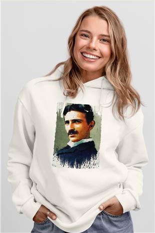 Nikola Tesla Renkli Portre Baskılı Unisex Ekru Hoodie