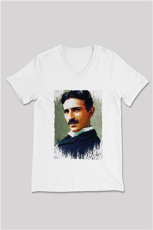 Nikola Tesla Renkli Portre Baskılı Unisex V Yaka Beyaz Tişört - Tshirt