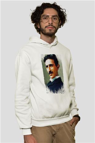 Nikola Tesla Renkli Portre Baskılı Unisex Ekru Hoodie