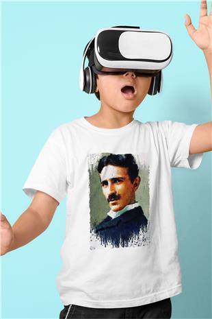 Nikola Tesla Renkli Portre Baskılı Unisex Beyaz Çocuk Tişörtü - Tshirt
